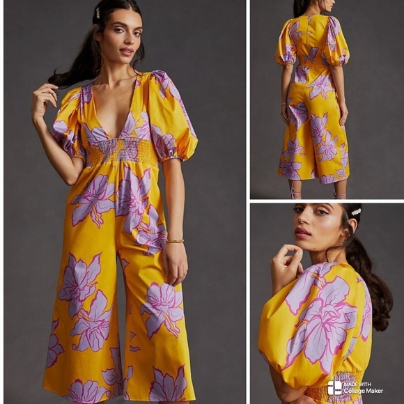 Hutch Pants - Anthropologie Hutch Yellow Floral Jumpsuit with Purple Accents